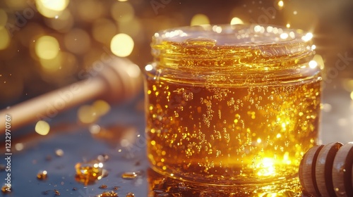 Honey jar with honey drizzling and bees in warm lighting during golden hour