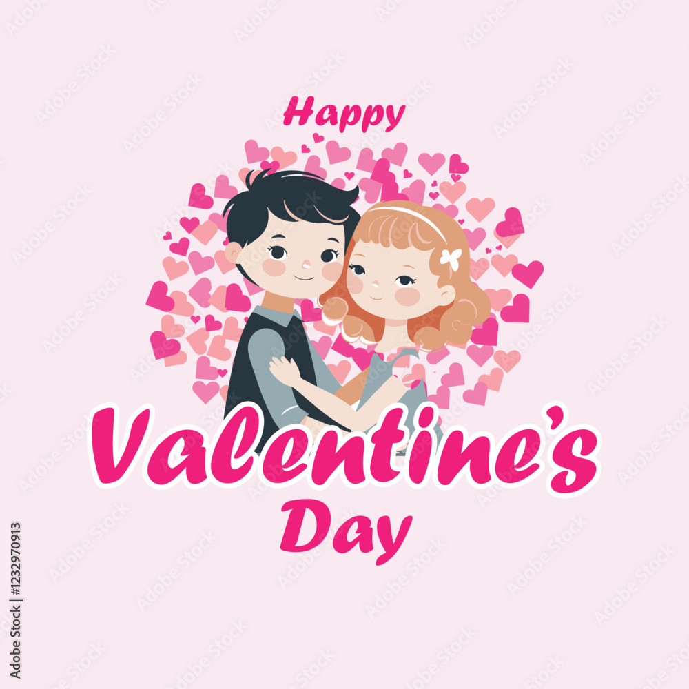 Romantic Valentine's Day Vector Illustration with Cute Couple Hugging and Heart Background Romantic Valentine's Day Vector Illustration with Cute Couple Hugging and Heart Background