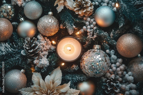 Beautiful holiday arrangement with candle and decorations set for festive cel...