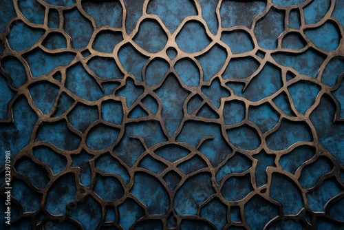 Intricate blue and black patterned wall design with vintage texture and wear