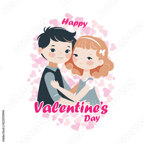 Romantic Valentine's Day Vector Illustration with Cute Couple Hugging and Heart Background