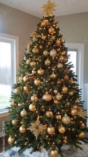 Beautifully decorated Christmas tree with golden ornaments and soft lights in...