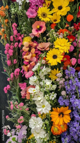 Colorful arrangement of various flowers against a textured background