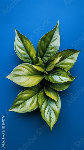 Lush green leaves arranged aesthetically on a vibrant blue background in natu...