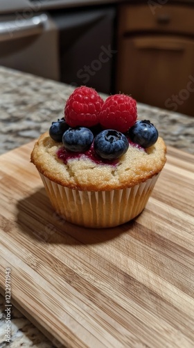 Freshly baked cupcake topped with blueberries and raspberries on a wooden cut...
