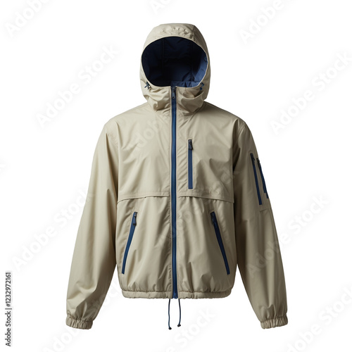 Light Beige Waterproof Jacket with Hood and Zippered Pockets isolated transparent background cutout