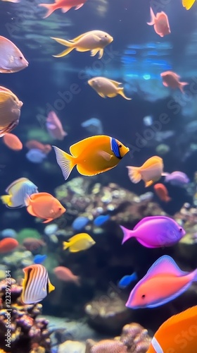 Colorful underwater scene with various fish swimming in a clear aquarium envi...