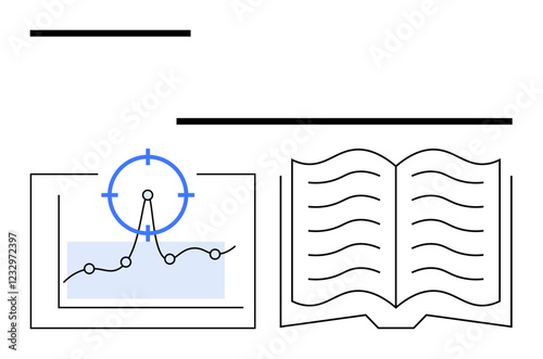 Line graph with focus and open book combining research, data insights, and knowledge sharing. Ideal for analytics, education, strategy, science, innovation, data-driven planning abstract line flat