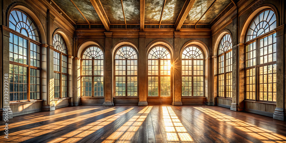 Obraz premium Sunlight streams into a vast room filled with arching windows. The warm light casts long shadows on the polished wooden floor, creating an inviting atmosphere as day breaks