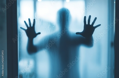 Mysterious silhouette behind fogged glass creates an eerie atmosphere of longing and isolation