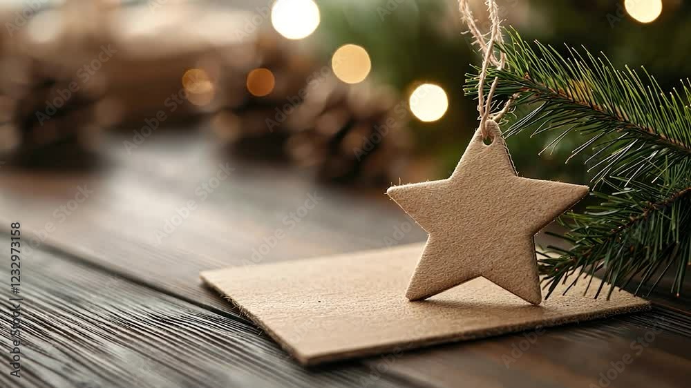 Wooden star ornament on a festive background with greenery.