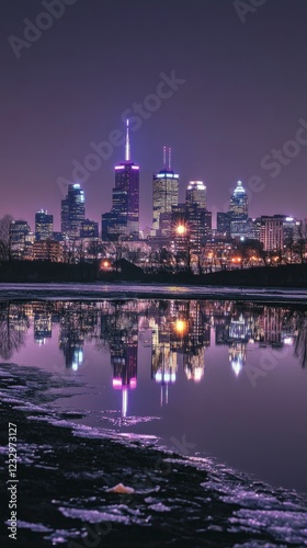 City skyline at night showcasing vibrant lights and reflections on water in T...