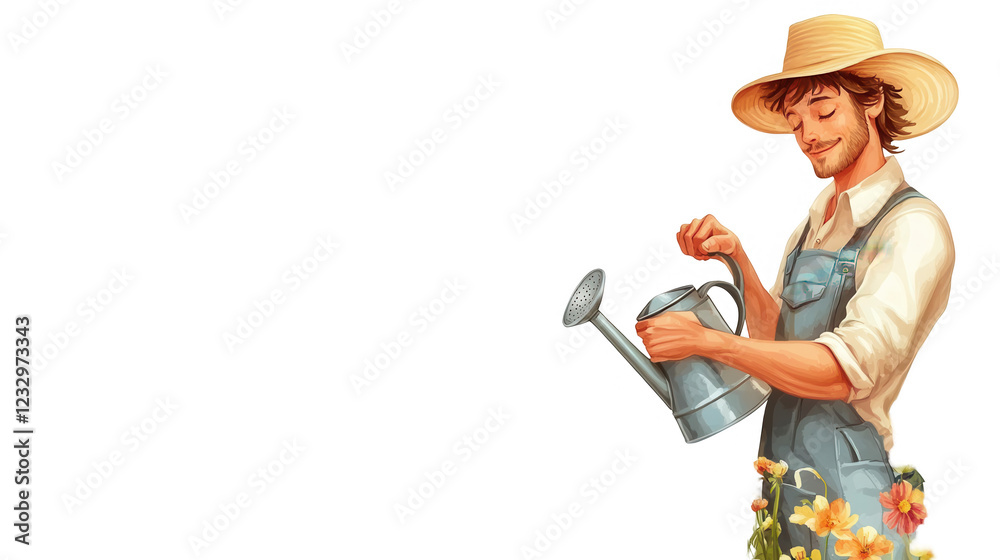 Workers' Day PNG file design of a gardener with a water hose, isolated on white Workers' Day PNG file design of a gardener with a water hose, isolated on white