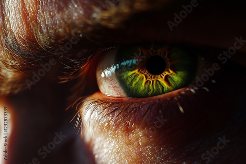 Detailed close-up of a mana??s radiant green-yellow eye, showcasing fine detailing and sharp contrasts in the iris, captured in ultra HD photo