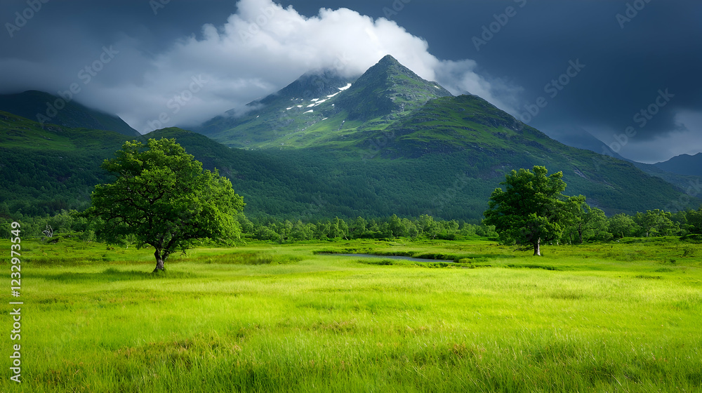 Dramatic mountain landscape, valley, green meadow, stormy clouds, nature photography Dramatic mountain landscape, valley, green meadow, stormy clouds, nature photography