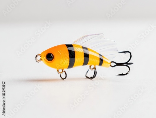 close up of a yellow and black fishing lure with treble hooks