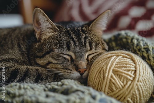 Tabby cat sleeping peacefully with a ball of yarn on a cozy blanket in a warm...
