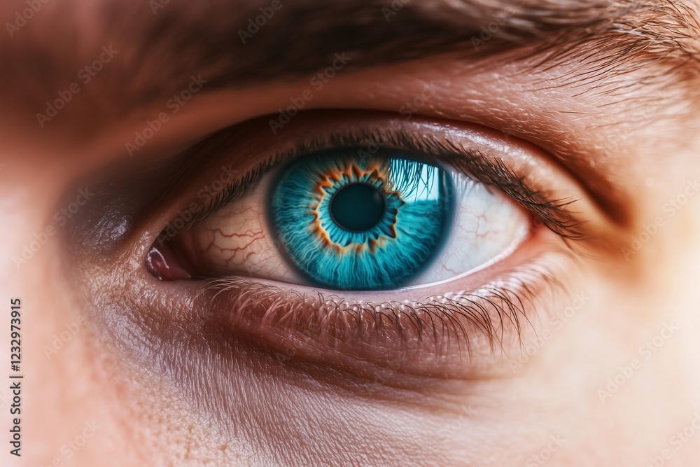 Fototapeta premium Detailed close-up of a mana??s light turquoise-blue eye, with soft textures and intricate reflections in the iris, captured in