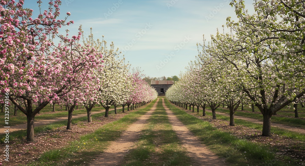 Stunning Pink and White Apple Blossom Orchard Path Stunning Pink and White Apple Blossom Orchard Path