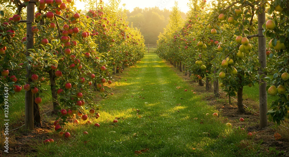 Scenic Orchard Rows at Sunset with Ripe Apples and Pears Scenic Orchard Rows at Sunset with Ripe Apples and Pears