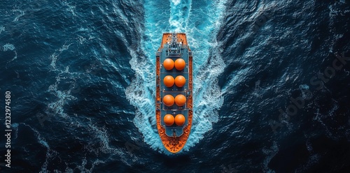 A top-down 3D rendering of a gas tanker cruising in the ocean