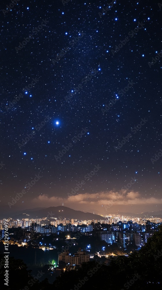 Obraz premium City skyline under a starry night sky with visible constellations and distant hills