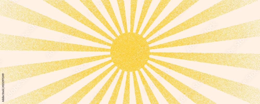 Yellow abstract background with retro sun shine rays with dots grain stipple texture. Abstract halftone starburst in trendy childish, naive art style.