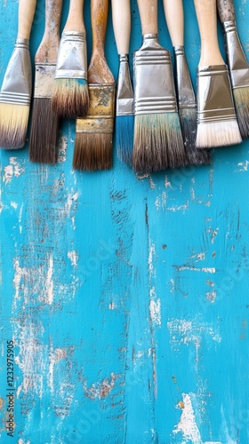 Artists tools with vibrant blue paint on a wooden surface