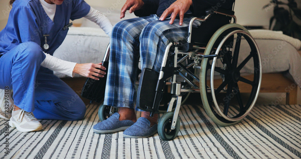 Obraz premium Hands, caregiver or shoes with wheelchair for support, elderly care or assisted living at retirement or old age home. Closeup, nurse or volunteer helping person with a disability for mobility or walk