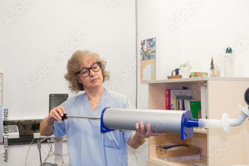 Female medical professional conducting spirometry test photo