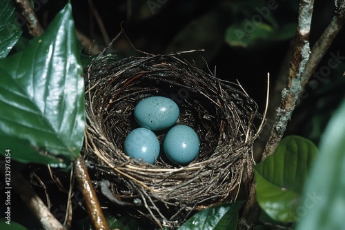Nest containing three blue eggs resting among green leaves in a lush forest
