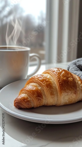 Warm croissant served with steaming coffee on a cozy morning at home