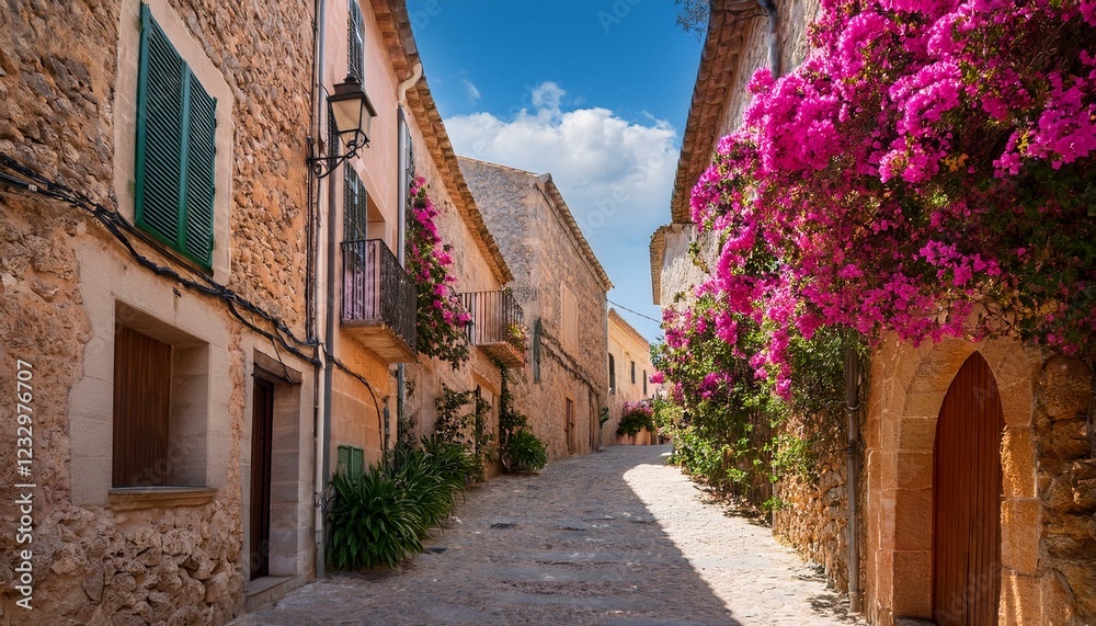 Fototapeta premium Generated image A narrow alley in Pollença with vibrant bougainvillea climbing up stone walls 