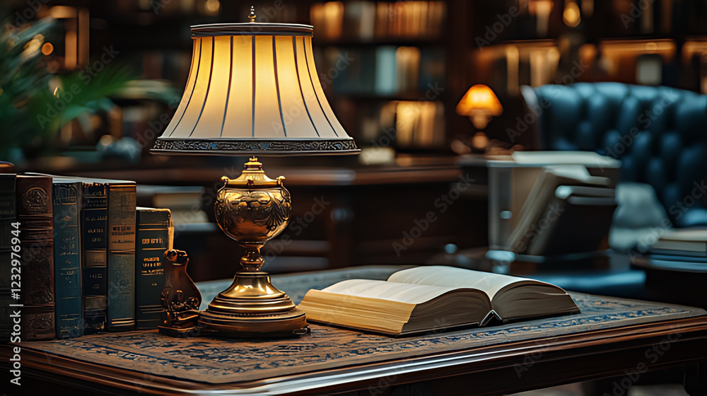 Library desk lamp illuminating open book, bookshelves background, study setting Library desk lamp illuminating open book, bookshelves background, study setting