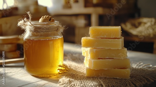 Honey jar and handmade soap next to lavender in a warm indoor setting