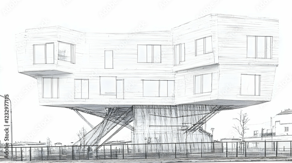 Sketch of a modern, elevated building with unique architecture and design. Sketch of a modern, elevated building with unique architecture and design.