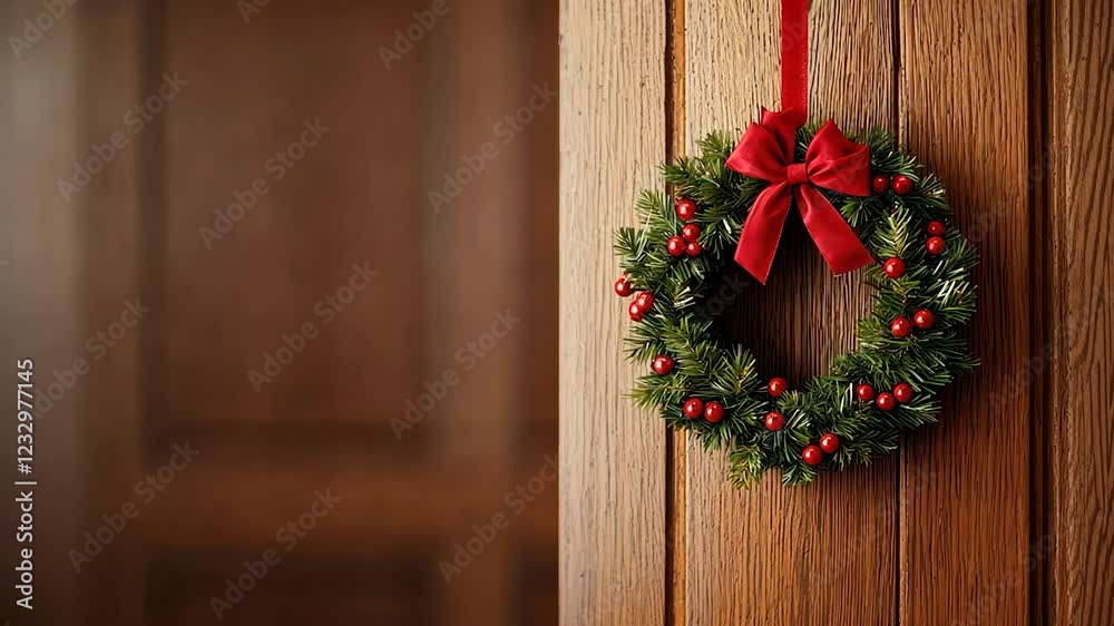 A festive wreath with red ribbon and holly, perfect for Christmas. A festive wreath with red ribbon and holly, perfect for Christmas.