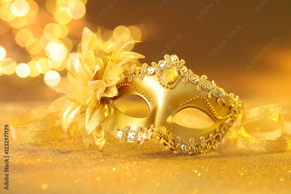 Naklejka premium Beautiful carnival mask on golden shiny surface against blurred lights, closeup