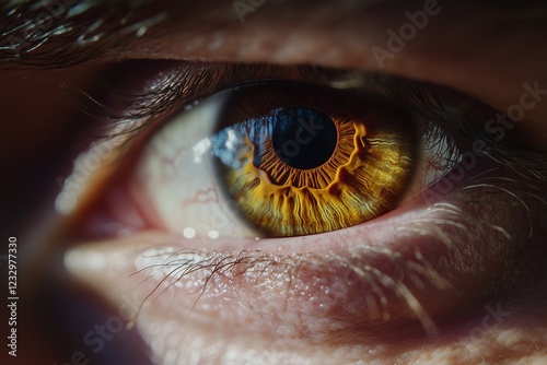 Detailed macro shot of a mana??s amber-gold eye, showcasing sharp textures, veins, and intricate patterns in the iris, captured in ultra HD photo