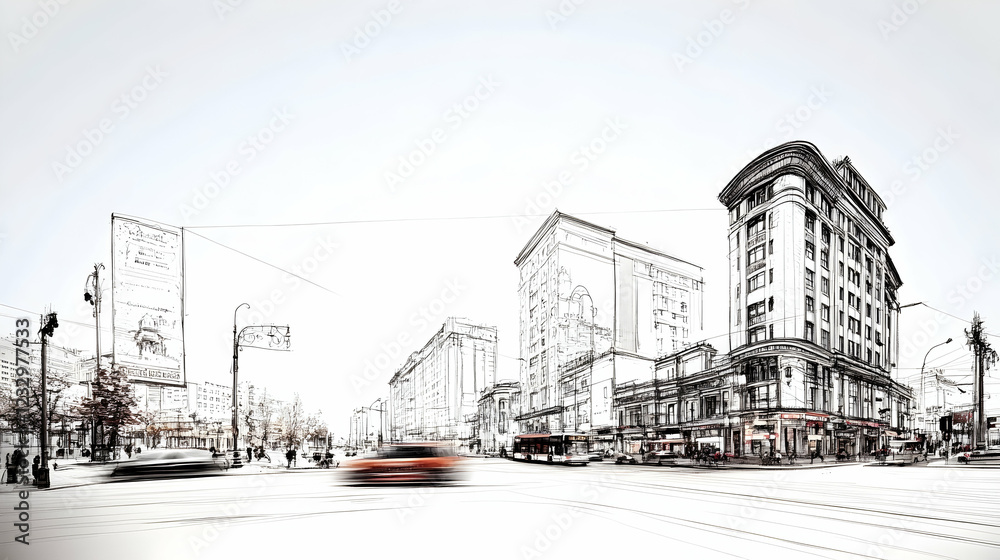Naklejka premium Sketch-style city street scene with buildings, cars, and pedestrians.