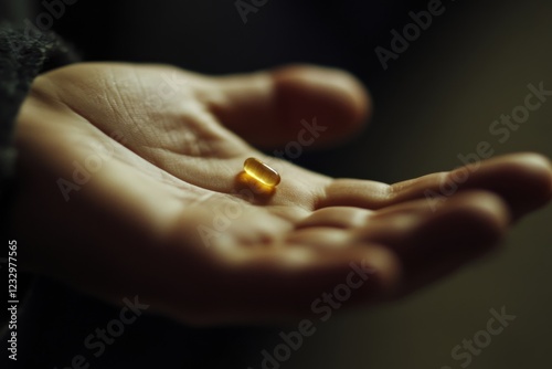 Holding a golden gelatin capsule with sunlight reflecting on it in a dark set...