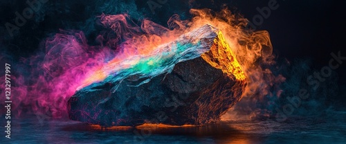 A glowing rock emitting colorful mist photo