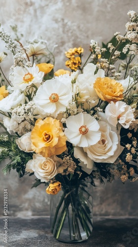 Colorful bouquet of white and yellow flowers at a local market during spring ...