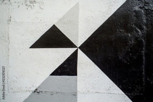 Bold geometric patterns of black and white intersecting on a textured wall su...