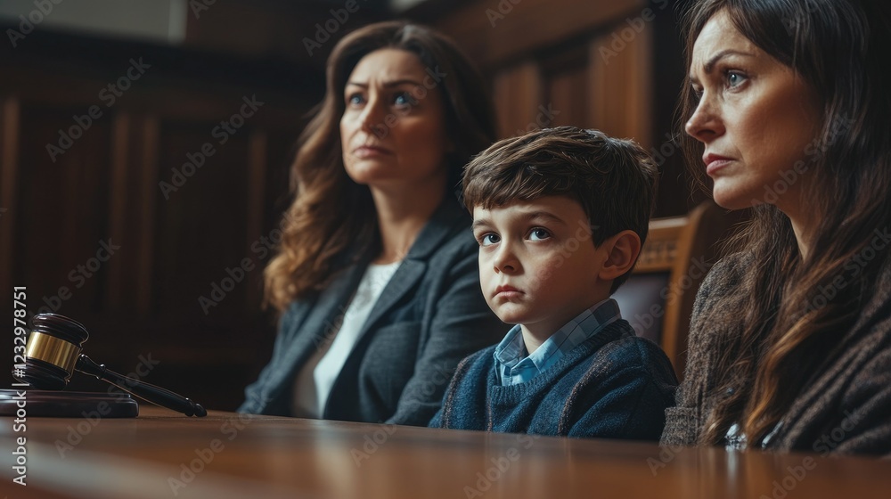 Sad boy sitting at a table in the background of his parents. Sad boy sitting at a table in the background of his parents.