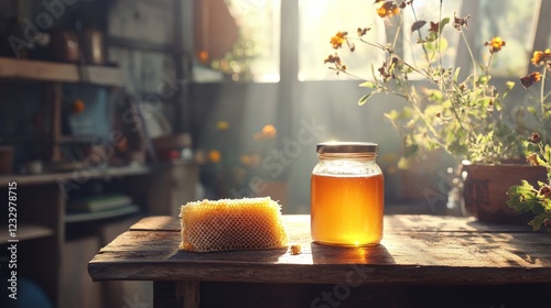 Honey jar and honeycomb displayed on a rustic wooden table in sunlight