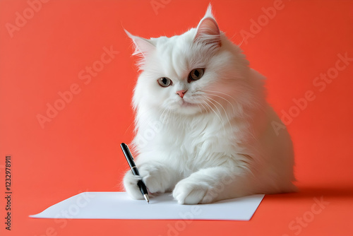 White Persian cat holding a pen and writing on paper against a coral background, blending intelligence and humor with copy space
