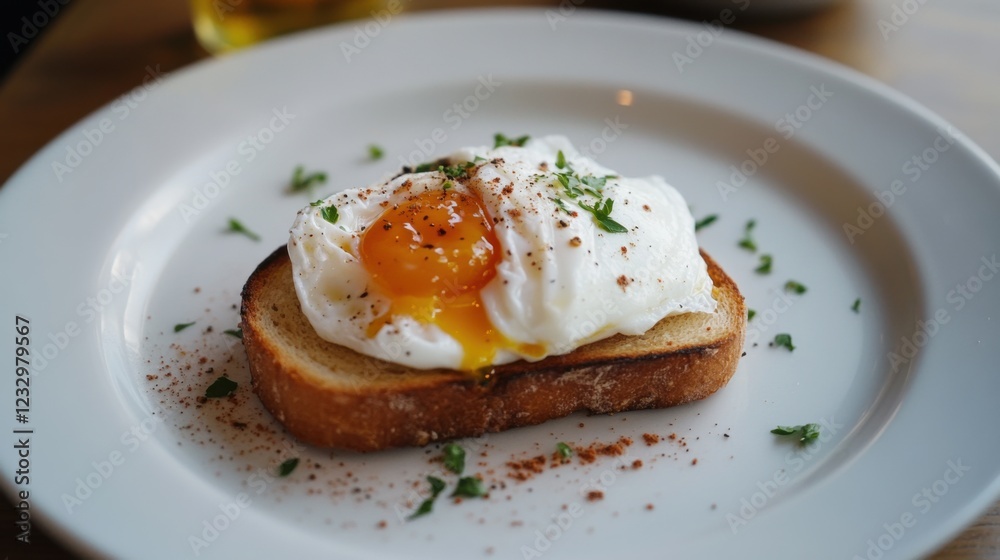 A single piece of perfectly poached egg on top of a slice of buttered sourdough toast, neatly arranged on a plain white plate, Egg and toast centered A single piece of perfectly poached egg on top of a slice of buttered sourdough toast, neatly arranged on a plain white plate, Egg and toast centered