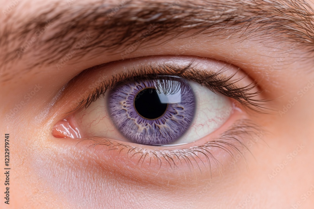 Obraz premium Hyper-detailed close-up of a mana??s vivid lavender-gray eye, showcasing smooth textures and defined iris patterns, captured in
