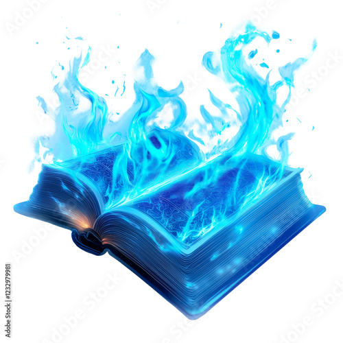 An open ancient book with glowing pages emitting vibrant blue flames, creating a magical and mystical aura, on a transparent background. photo